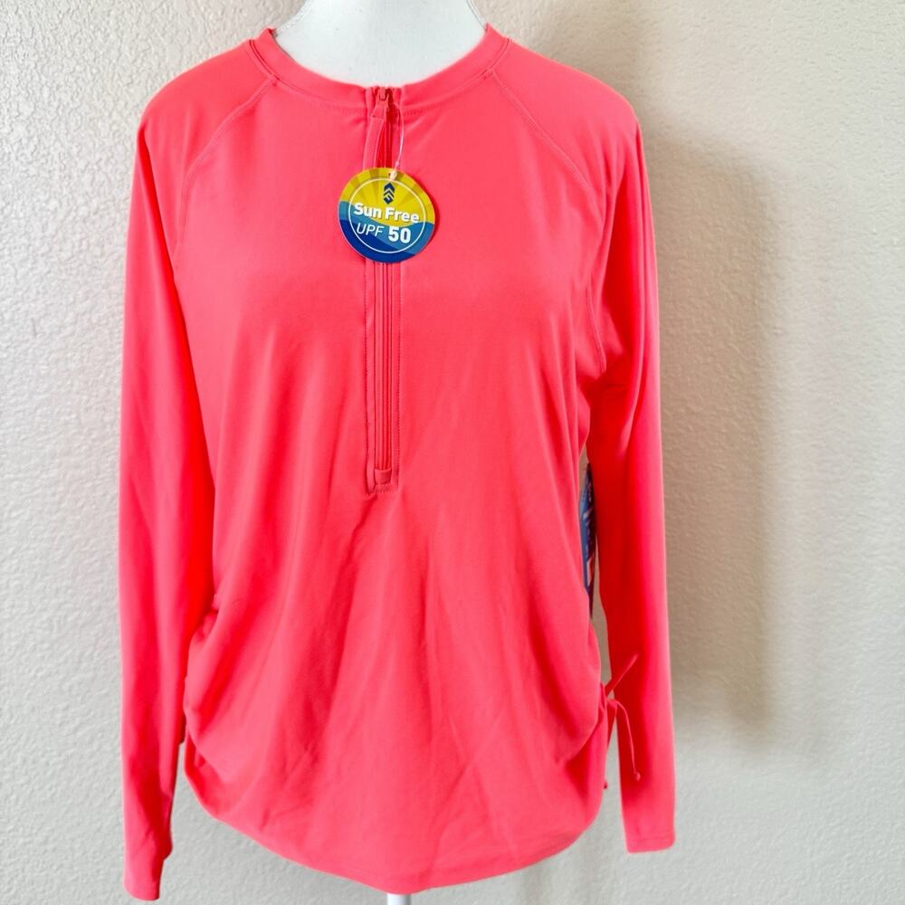 NWT Free Country Large Coral Coast Pink UPF 50 Sun Shirt 1/2 Zip Long Slv Swim